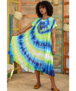 Lime green & navy blue Tie Dyed Midi Dress handmade in Egypt & available at Jozee Boutique.