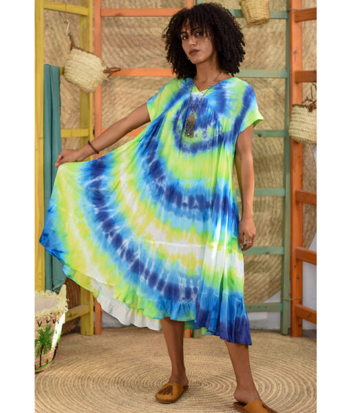 Lime green & navy blue Tie Dyed Midi Dress handmade in Egypt & available at Jozee Boutique.