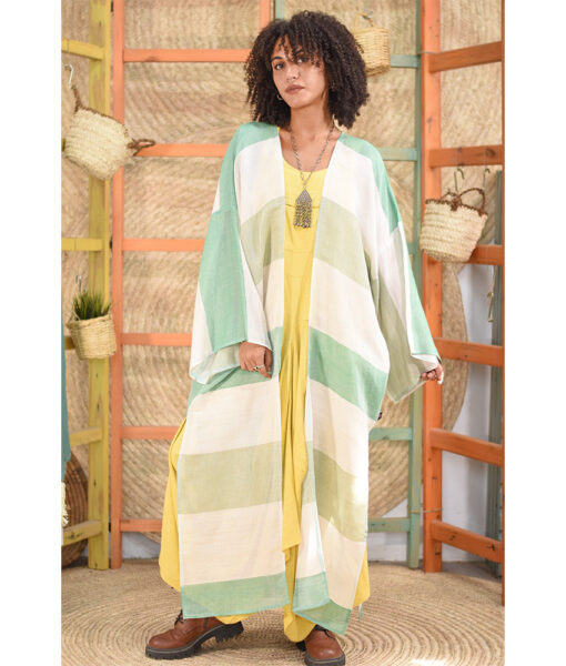 Off White & Shades of Green Handwoven Linen Long Cardigan handmade in Egypt & available in Jozee boutique