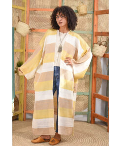 Beige, mustard & brown Handwoven Linen Long Cardigan handmade in Egypt & available in Jozee boutique