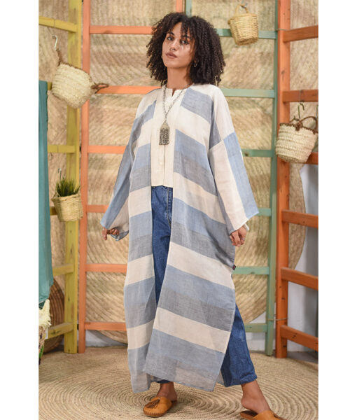 Off White & Shades of blue Handwoven Linen Long Cardigan handmade in Egypt & available in Jozee boutique