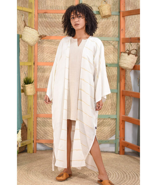 White & Gold Handwoven Linen Long Cardigan handmade in Egypt & available in Jozee boutique