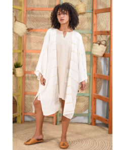 White & Gold Handwoven Linen midi Cardigan handmade in Egypt & available in Jozee boutique