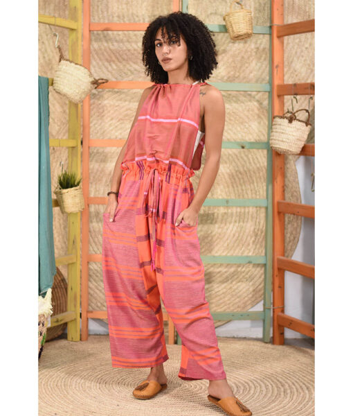 Saumon & Orange Adjustable Viscose Jumpsuit handmade in Egypt & available in Jozee boutique