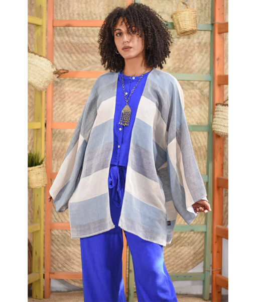 Off White & Shades of blue Handwoven Linen short Cardigan handmade in Egypt & available in Jozee boutique