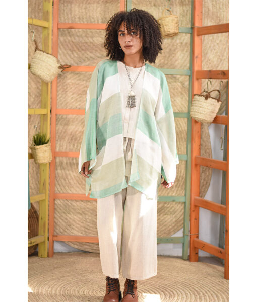 Off White & Shades of Green Handwoven Linen short Cardigan handmade in Egypt & available in Jozee boutique