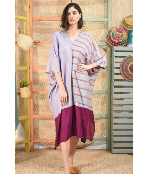 Grey & Burgundy Handwoven Viscose Long Kaftan Handwoven Viscose Top made in Egypt & available in Jozee boutique