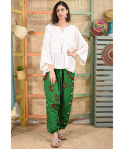 Green Siwa Embroidered Linen Harem Pants Handmade in Egypt & available at Jozee Boutique