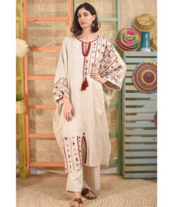 Beige Siwa Embroidered Light Linen Kaftan handmade in Egypt & available at Jozee boutique