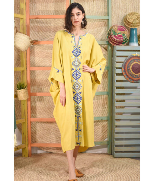 Yellow Siwa Embroidered Linen Kaftan handmade in Egypt & available at Jozee boutique