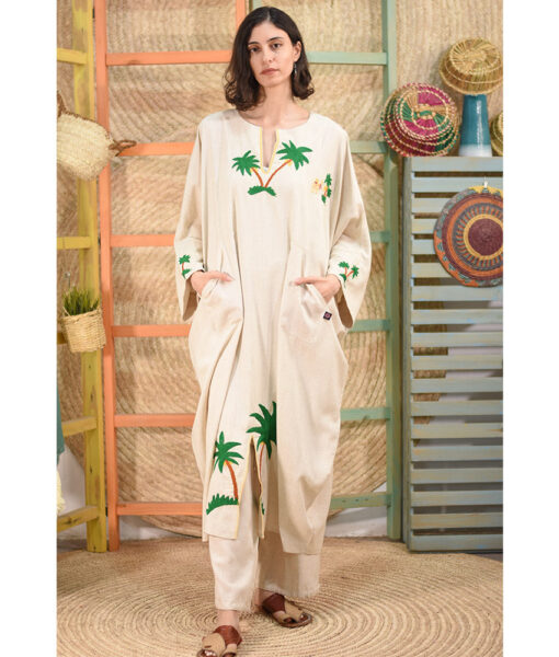 Beige Embroidered Linen Kaftan handmade in Egypt & available at Jozee boutique