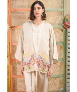 Beige Embroidered Handwoven Linen Midi Cardigan Handmade in Egypt & available at Jozee Boutique