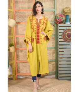Mustard Siwa Embroidered Linen Kaftan handmade in Egypt & available at Jozee boutique
