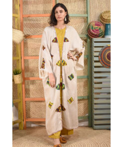 Beige Siwa Embroidered Light Linen Long Cardigan handmade in Egypt & available at Jozee boutique