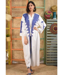 White Siwa Embroidered Handwoven Linen Cardigan handmade in Egypt & available at Jozee boutique