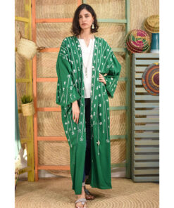 Green Siwa Embroidered Handwoven Linen Cardigan handmade in Egypt & available at Jozee boutique