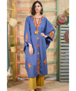 Blue denim Siwa Embroidered Linen Kaftan handmade in Egypt & available at Jozee boutique