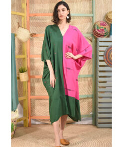 Emerald Green & Fuchsia Handwoven Viscose Long Kaftan Handwoven Viscose Top made in Egypt & available in Jozee boutique