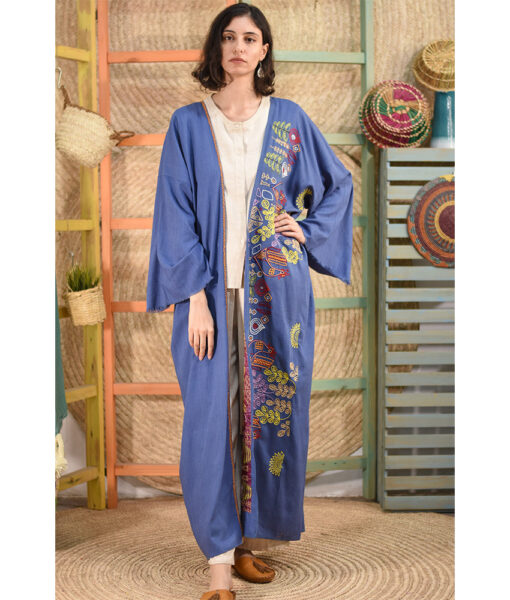 Blue denim Embroidered Handwoven Linen Cardigan handmade in Egypt & available at Jozee boutique