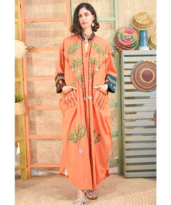 Orange Siwa Embroidered Handwoven Viscose Japanese Cardigan with Cuffs handmade in Egypt & available at Jozee boutique