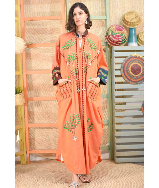 Orange Siwa Embroidered Handwoven Viscose Japanese Cardigan with Cuffs handmade in Egypt & available at Jozee boutique