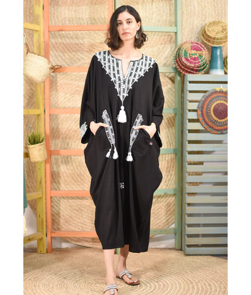 Black Siwa Embroidered Linen Kaftan handmade in Egypt & available at Jozee boutique