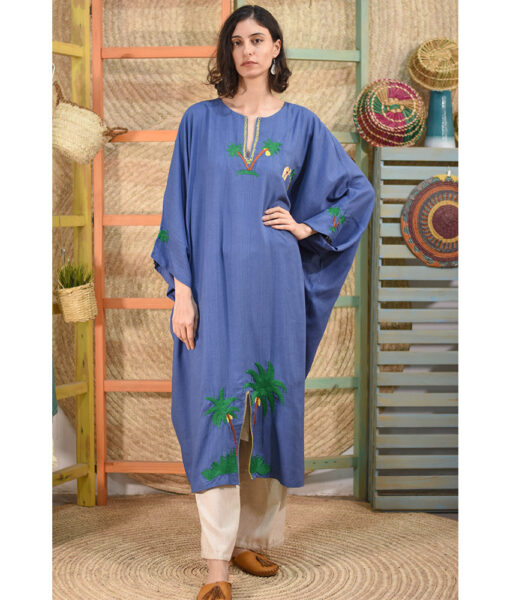 Blue Denim Embroidered Linen Kaftan handmade in Egypt & available at Jozee boutique