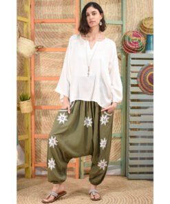 Army Green Siwa Embroidered Linen Harem Pants Handmade in Egypt & available at Jozee Boutique