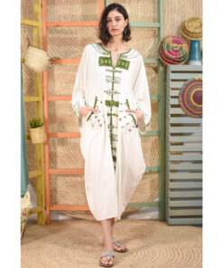 Off White Siwa Embroidered Linen Kaftan handmade in Egypt & available at Jozee boutique