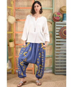 Blue denim Siwa Embroidered Linen Harem Pants Handmade in Egypt & available at Jozee Boutique