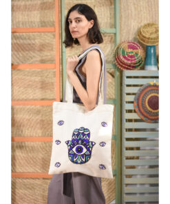 Off White Embroidered Tote Bag handmade in Egypt & available at Jozee Boutique.