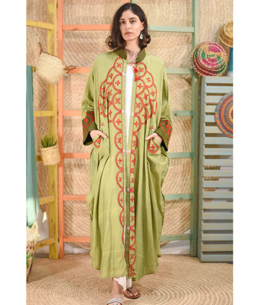 Lime green Siwa Embroidered Handwoven Viscose Japanese Cardigan with Cuffs handmade in Egypt & available at Jozee boutique