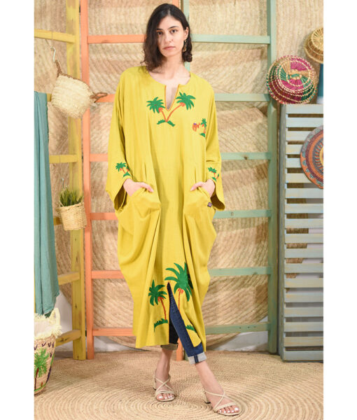 Mustard Embroidered Linen Kaftan handmade in Egypt & available at Jozee boutique