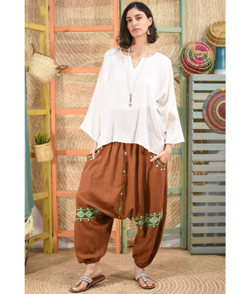 Almond Brown Siwa Embroidered Linen Harem Pants Handmade in Egypt & available at Jozee Boutique