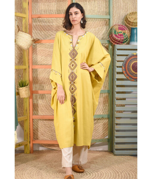 Yellow Siwa Embroidered Linen Kaftan handmade in Egypt & available at Jozee boutique