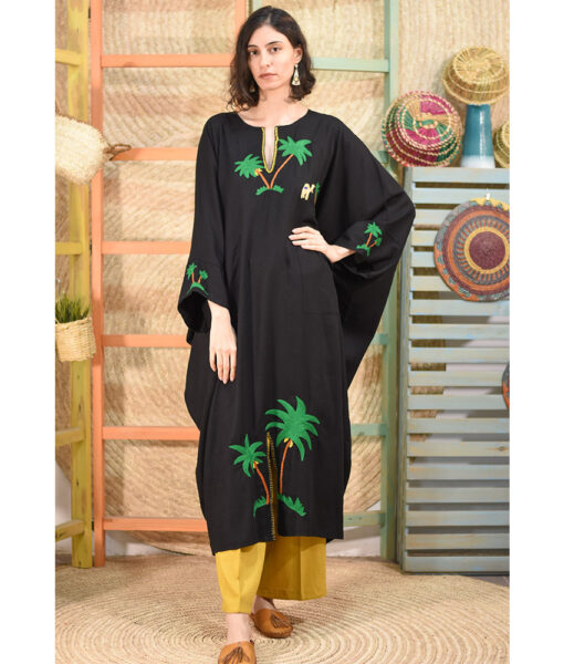 Black Embroidered Linen Kaftan handmade in Egypt & available at Jozee boutique