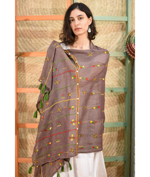 Brown Siwa Embroidered Handwoven Linen Shawl Handmade in Egypt & available at Jozee Boutique