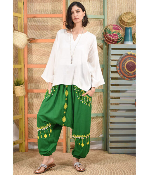 Green Siwa Embroidered Linen Harem Pants Handmade in Egypt & available at Jozee Boutique