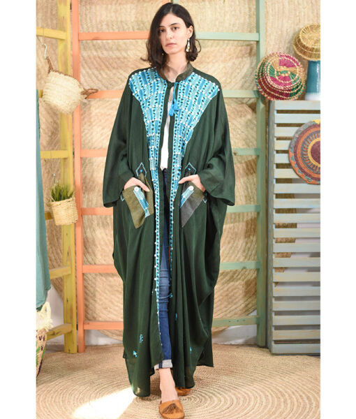 Emerald Green Siwa Embroidered Handwoven Viscose Butterfly Japanese Cardigan handmade in Egypt & available at Jozee boutique