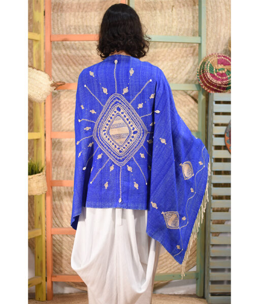 Blue Siwa Embroidered Handwoven Cotton Heavy Shawl Handmade in Egypt & available at Jozee Boutique
