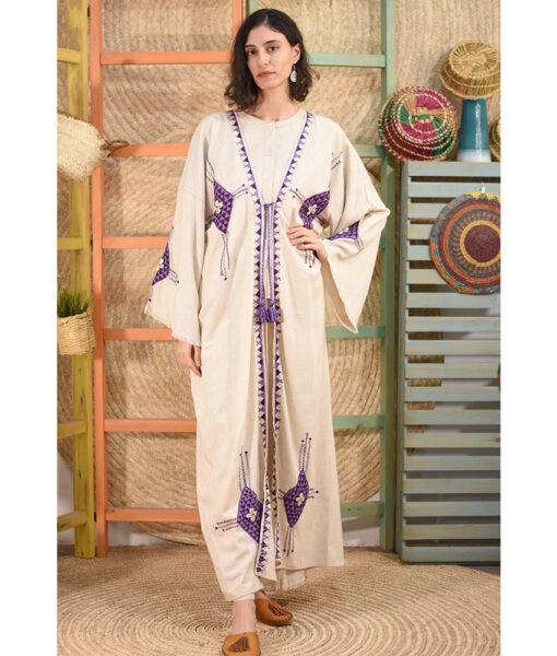 Beige Siwa Embroidered Handwoven Linen Cardigan handmade in Egypt & available at Jozee boutique