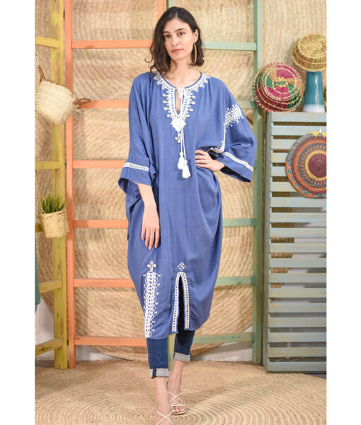 Blue denim Siwa Embroidered Linen Kaftan handmade in Egypt & available at Jozee boutique