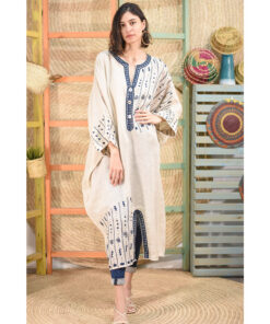 Beige Siwa Embroidered Light Linen Kaftan handmade in Egypt & available at Jozee boutique