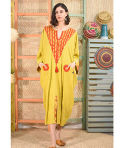 Mustard Siwa Embroidered Linen Kaftan handmade in Egypt & available at Jozee boutique