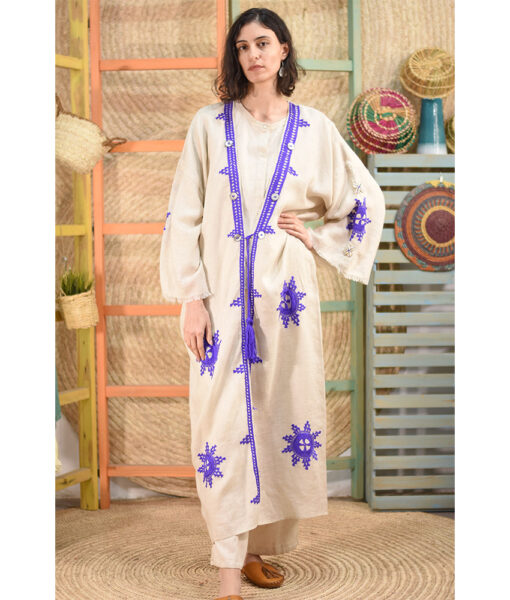 Beige Siwa Embroidered Handwoven Linen Cardigan handmade in Egypt & available at Jozee boutique