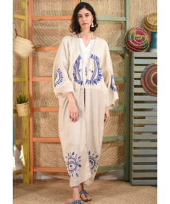 Beige Siwa Embroidered Light Linen Long Cardigan handmade in Egypt & available at Jozee boutique