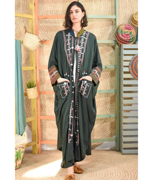Emerald Green Siwa Embroidered Handwoven Viscose Japanese Cardigan with Cuffs handmade in Egypt & available at Jozee boutique