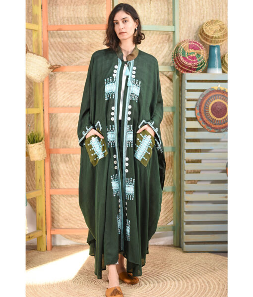Emerald Green Siwa Embroidered Handwoven Viscose Butterfly Japanese Cardigan handmade in Egypt & available at Jozee boutique