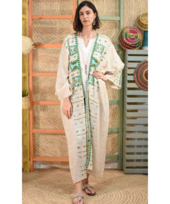 Beige Siwa Embroidered Light Linen Long Cardigan handmade in Egypt & available at Jozee boutiquec
