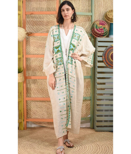Beige Siwa Embroidered Light Linen Long Cardigan handmade in Egypt & available at Jozee boutiquec